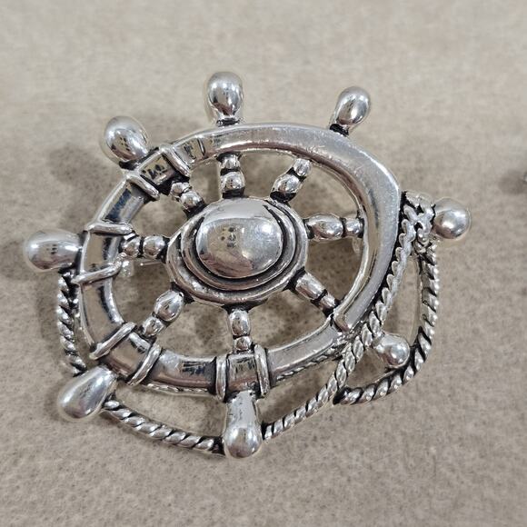 Vintage "MJ" Marie Jennifer Nautical Ship Wheel Rope Brooch Pendant Earrings - Picture 7 of 12